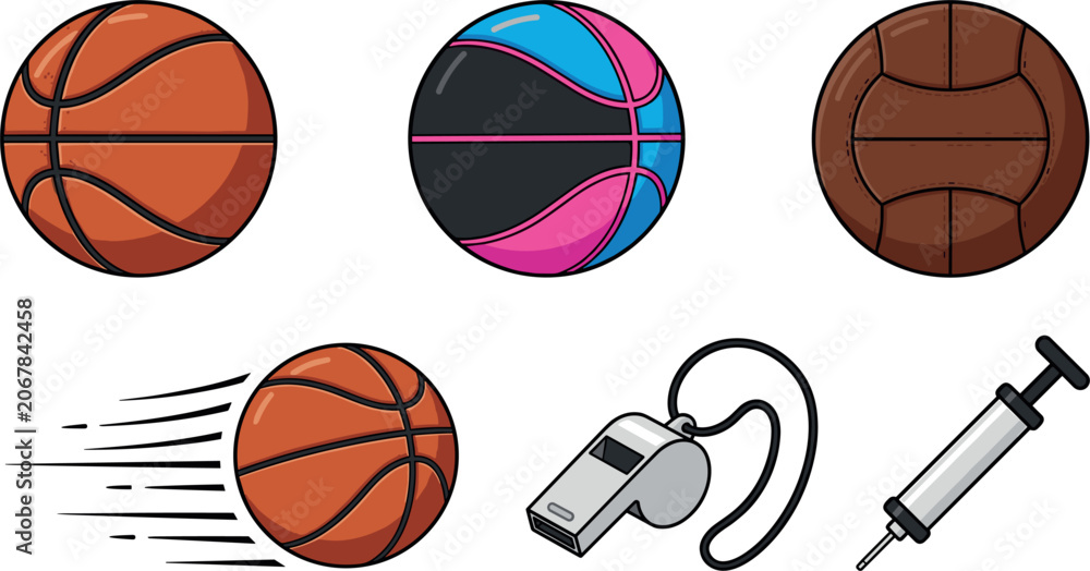 Obraz premium Basketball Vector Icon Set Featuring Classic Orange Balls, Neon Cyberpunk Design, Vintage Leather, Whistle, and Air Hand Pump Elements