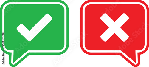 Photos Green check mark and red cross icons in speech bubble shapes for correct and inc