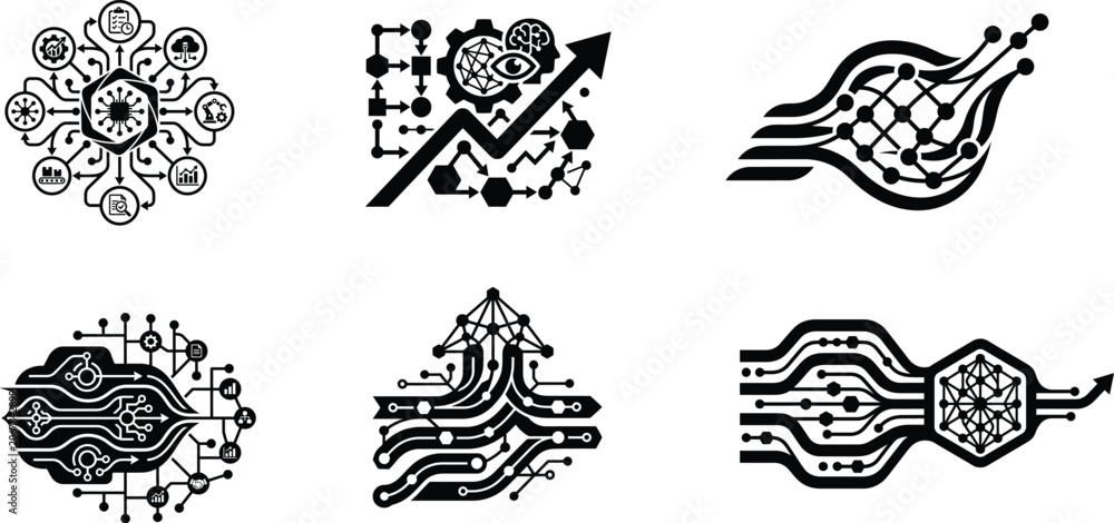 Fototapeta premium Abstract artificial intelligence concepts with circuit boards, data streams, and network nodes.
