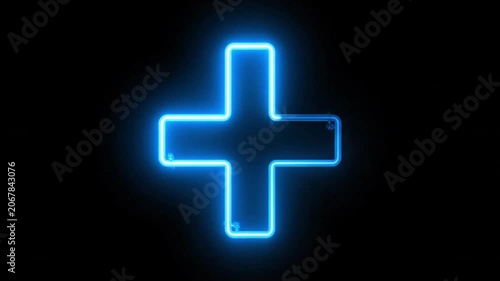 Glowing neon blue plus sign isolated on black background