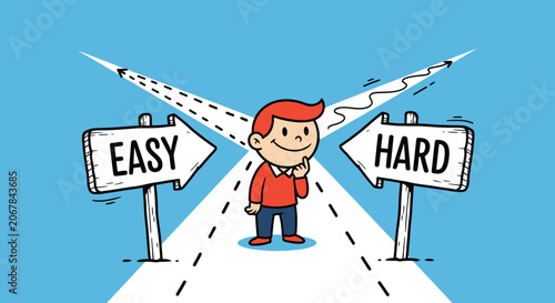 Photography A cartoon man standing at a crossroads deciding between an easy path and a hard path