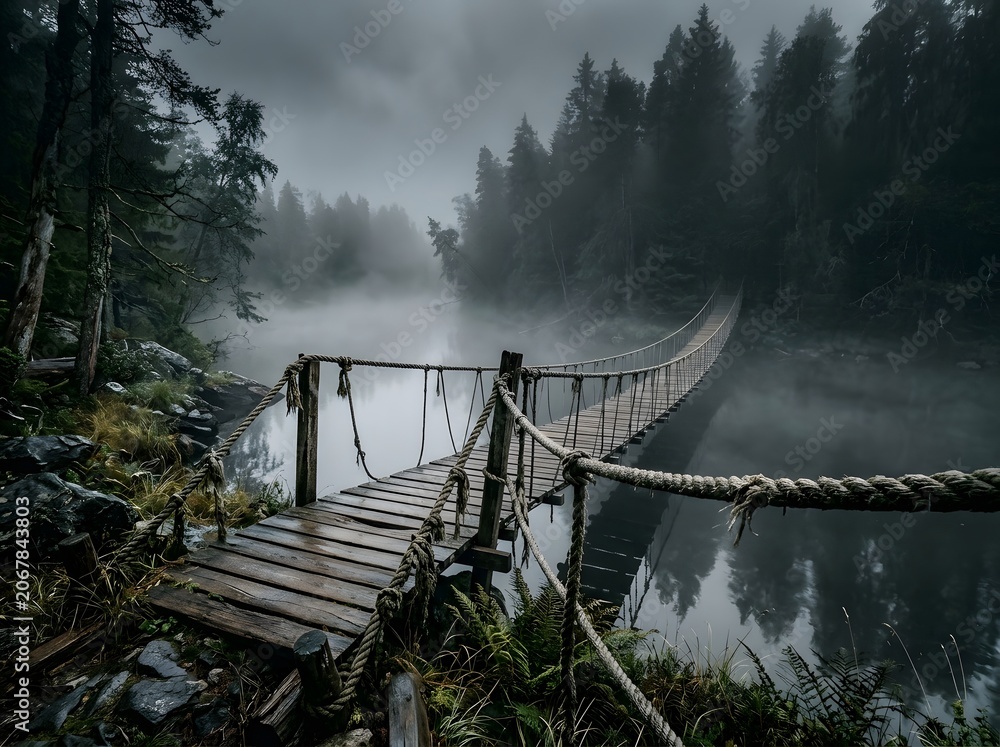 Fototapeta premium Misty suspension bridge over a serene forest lake
