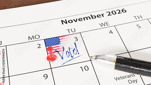 US midterm elections will take place on November 3, 2026. A calendar with a US flag, a thumbtack / pin and the text 