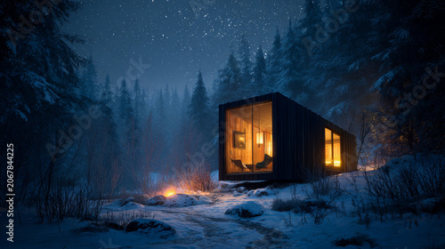Modern tiny cabin in a snowy forest at night, warm yellow light glowing from windows under a starry sky, cozy winter landscape, beautiful A-frame cottage house studio photography.