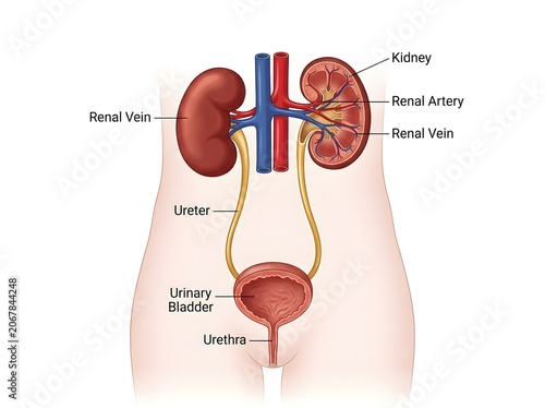 Human urinary system anatomy diagram with cross section kidney and bladder  illustration