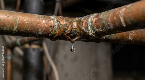 A close-up shows a leaking copper pipe with a water droplet forming at the tip, ready to fall. The scene highlights corrosion and wear damage, indicating the need for pipe repair or replacement.