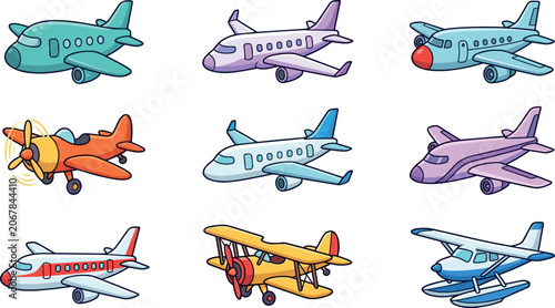 Foto Airplane Vector Icon Set Featuring Isolated Cartoon Planes, Jet Airliners, Bipla