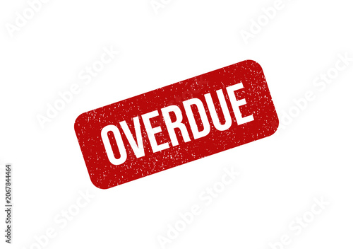 Red rubber stamp with the word overdue on a tilted rectangular shape