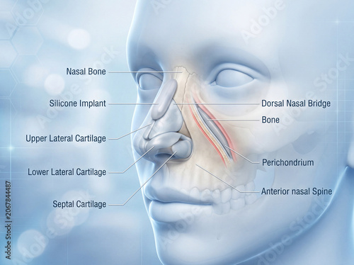 Rhinoplasty anatomy 3D illustration of silicone implant in human nose structure for plastic surgery education use.