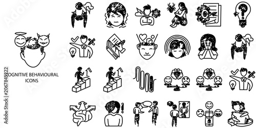 Cognitive Behavioral simple Technical Drawing concept 24 Black and White color icons set .Vector illustration.