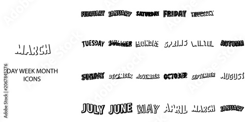 Day Week Month simple Technical Drawing concept 24 Black and White color icons set .Vector illustration.