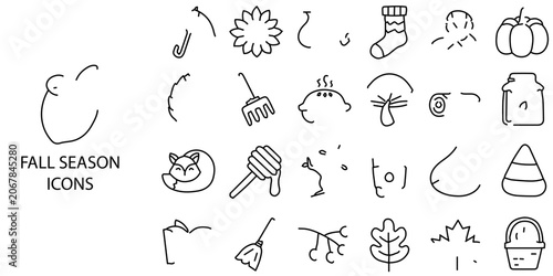 Fall Season simple Technical Drawing concept 24 Black and White color icons set .Vector illustration.