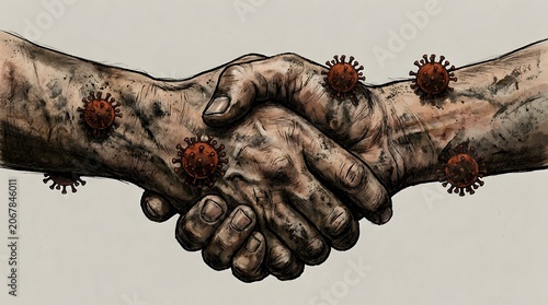 A dirty hand with viral particles on the skin's surface.