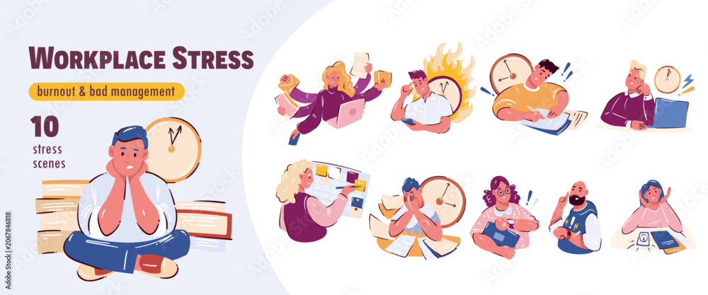 Fototapeta premium Workplace Stress character set with tired employees, clocks, papers, laptop, burnout fire and deadline scenes. Office overload with Workplace Stress, flat cartoon vector illustration.