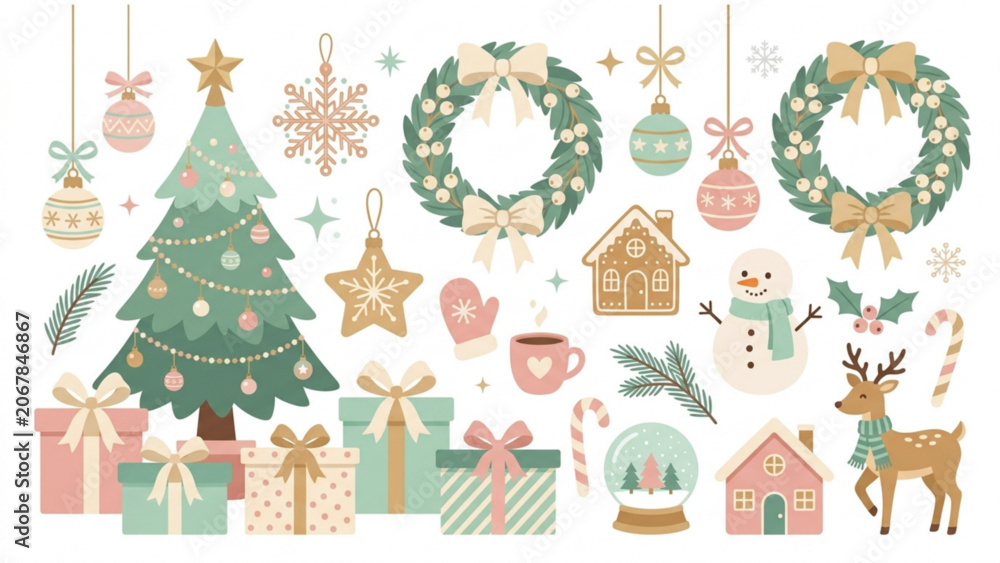 Fototapeta premium Set of Cute Christmas Illustrations Featuring Festive Holiday Trees Wreaths Snowmen and Wrapped Presents in Pastel Colors