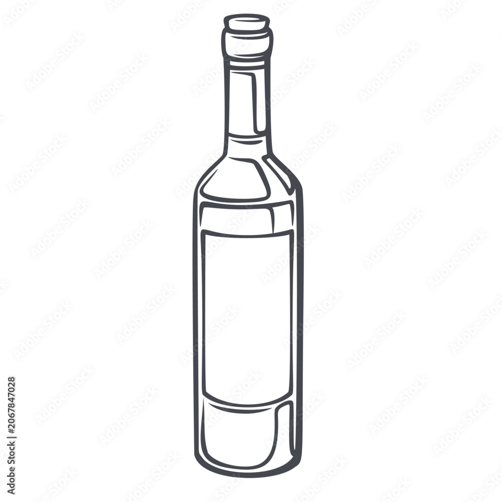 Fototapeta premium Wine Bottle with tall neck, cork top, blank label and bold ink contour. Italian restaurant menu and winery branding with wine bottle, outline vector illustration.