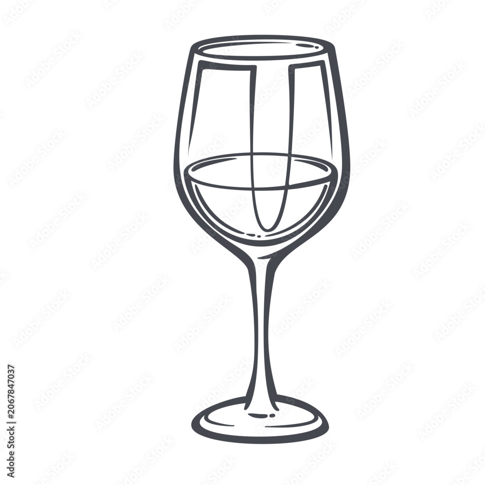 Fototapeta premium Wine Glass with stem, round bowl, drink surface and bold ink contour. Italian restaurant menu and bar branding with wine glass, outline vector illustration.