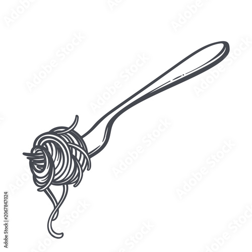 Pasta on Fork with spaghetti strands twisted around utensil and hanging noodle ends. Italian menu and pasta on fork branding, outline vector illustration.