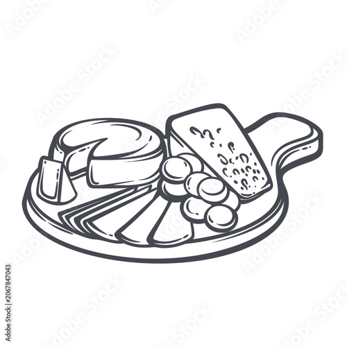 Italian Cheese Board with assorted wedges, round cheese, grapes and wooden paddle. Restaurant menu and packaging with cheese board, outline vector illustration.
