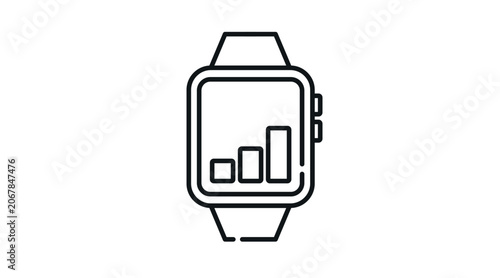 Smartwatch data analytics icon: wearable smart watch displaying activity bar chart on screen, minimalist black line art vector illustration for fitness tracking.