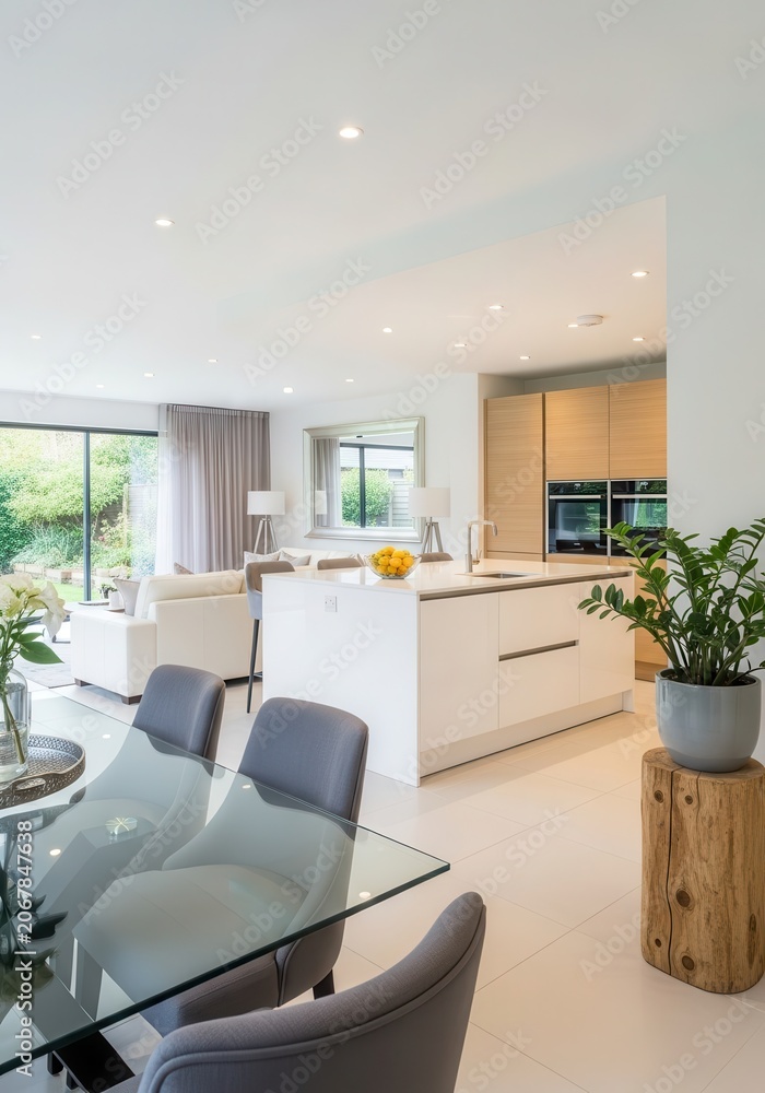 Fototapeta premium Modern Open Plan Kitchen and Living Room Interior Design with Minimalist Decor and Garden View