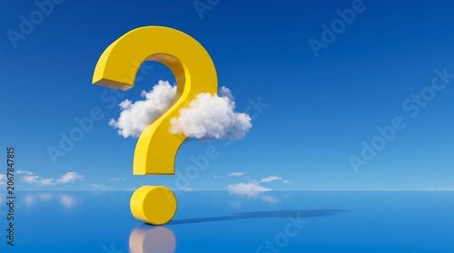 Large 3D yellow question mark standing on a reflective blue surface against a clear sky, intersected by a fluffy white cloud. Concept for curiosity, uncertainty, and the unknown.
