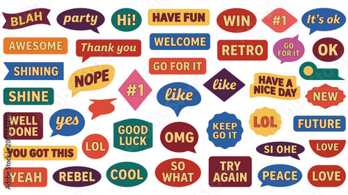 Tableau sur toile Set of colorful speech bubble stickers with various short phrases and words