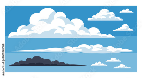 Set of various fluffy white and dark storm clouds isolated on blue sky background.