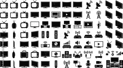 Canvastavla Television icon set with retro screen remote control satellite dish antenna spea