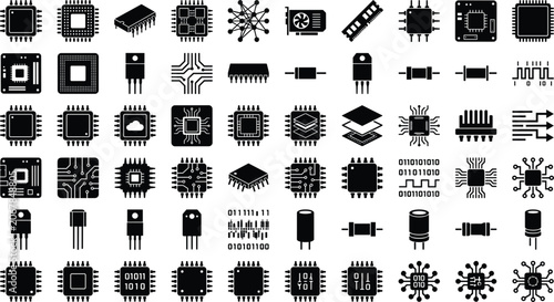 Obraz na plátně Microchip icon set with CPU processor circuit board semiconductor computer hardw