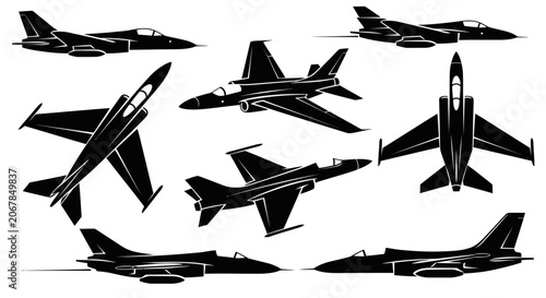 Photos Set of black silhouettes of modern military fighter jets in various flight positions