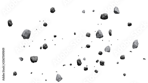 Foto Dark Stone Debris Field Floating in Air, Asteroid Rock 3D Render Isolated