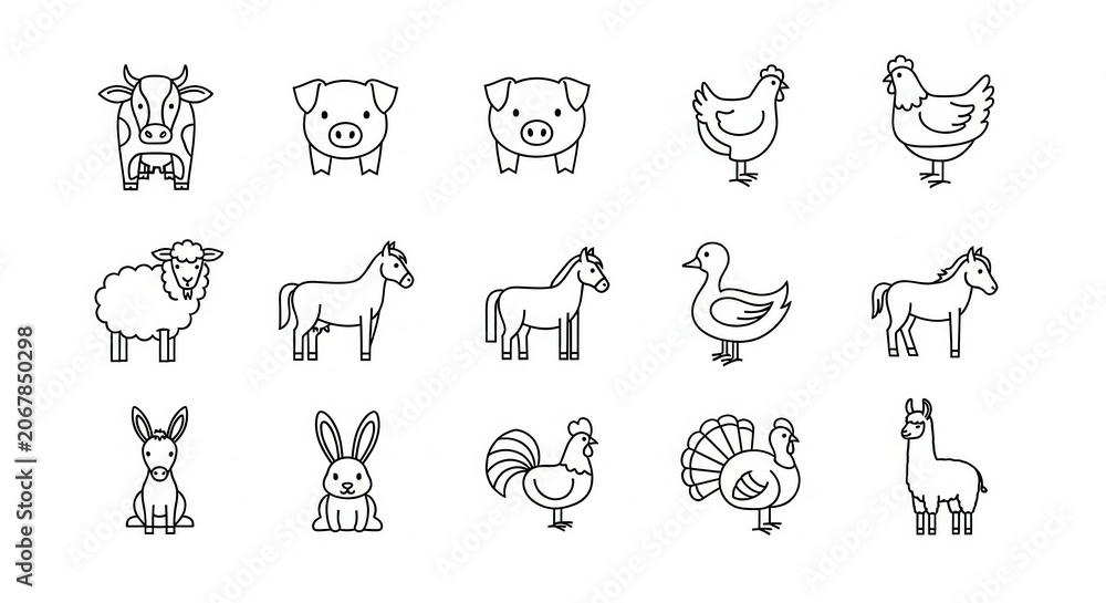 Fototapeta premium Set of Minimalist Farm Animal Line Art Icons Including Cow Pig Chicken Sheep Horse Duck Rabbit Turkey and Llama