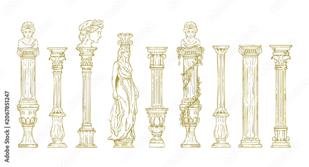 Naklejka premium Greek column illustration set, hand drawn Roman pillar doodle, ancient stone classic statue decor. Marble temple doric pedestal exterior design element, antique architecture museum Greek column art