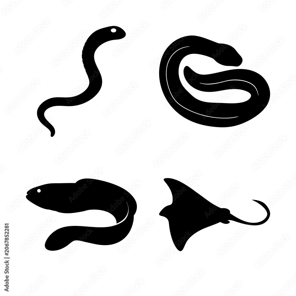 Fototapeta premium Black snake and ray vector icons - Minimalist black vector icons of a snake and a stingray, stylized for clean and simple use in designs.