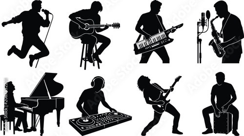 Cuadro en lienzo Musician Silhouette Collection Featuring Singer Guitarist DJ Pianist and Saxopho
