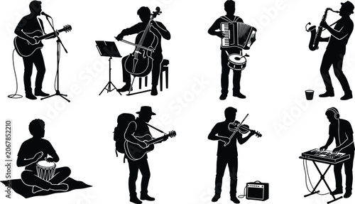 Fotografie Musician Silhouette Collection with Guitarist Violinist Cellist and Street Perfo