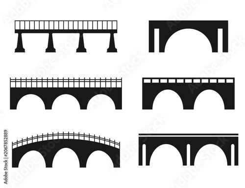 Bridge Icon Set With Arched Silhouettes and Railings.