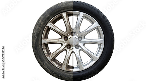 Dirty and Clean Car Tire and Alloy Wheel Comparison Isolated on White Background