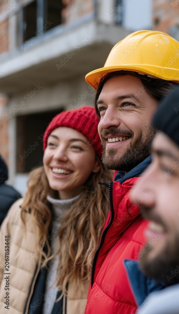 Fototapeta premium First - time homebuyers smiling during house inspection with construction expert