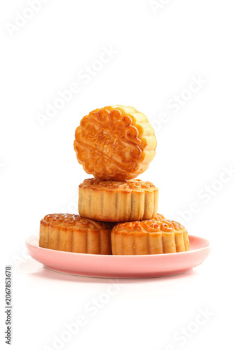 Konstfotografi Traditional Cantonese Mooncakes with Lotus Paste on Pink Plate