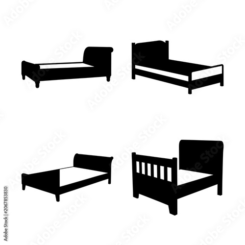 Four black modern bed silhouettes - Minimalist vector illustration showing four stylish black beds in different designs on a clean background, ideal for interior design or furniture concepts.