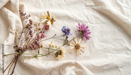Dried wildflower bouquet on rustic linen textile background, soft natural aesthetic for wellness and floral decoration