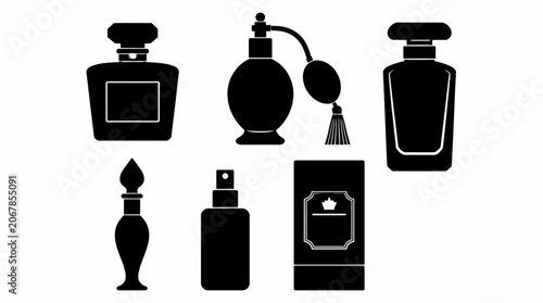 Perfume bottle silhouettes set with various shapes, beauty fragrance icons.