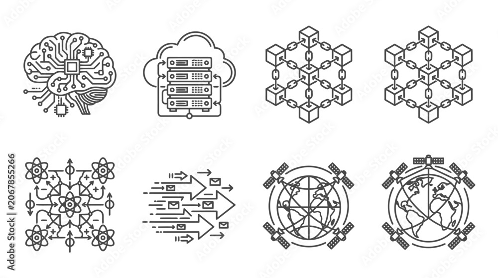 Obraz premium Technology Icons: AI, Cloud, Blockchain, Network, Quantum, Data