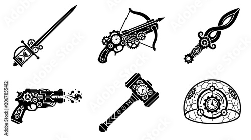 Tableau sur toile Steampunk Weapons Collection: Sword, Crossbow, Gun, Hammer, Dagger, Dome