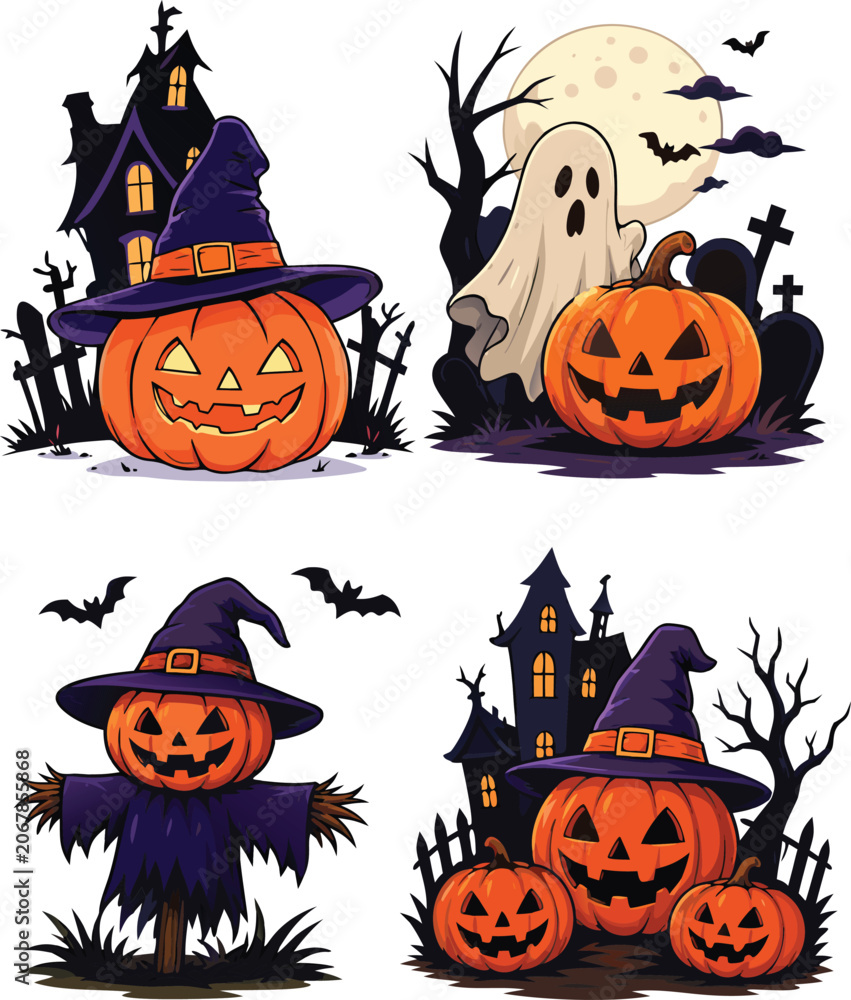 Fototapeta premium Halloween Night Scene with Haunted House and Spooky Pumpkins Vector Illustration