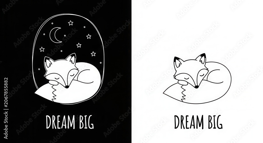 Fototapeta premium Cute Hand Drawn Sleeping Fox with Moon and Stars, Dream Big Motivational Quote, Minimalist Vector Art