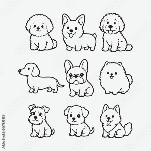 Cute Dog Breeds Outline Bundle. Cartoon Puppy Line Art Collection for Coloring Pages, Stickers and Craft Projects