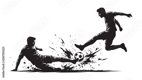Silhouette Illustration of Two Soccer Players in Dynamic Action with Splash Effects